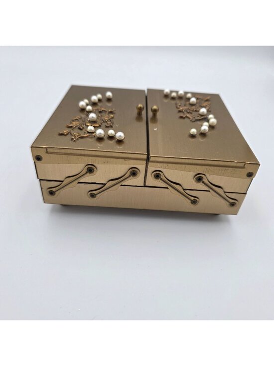 Gold-Tone Products Other - Vintage Gold-Tone Jewelry Box Pearl Embellishments & Velvet Inner Compartments